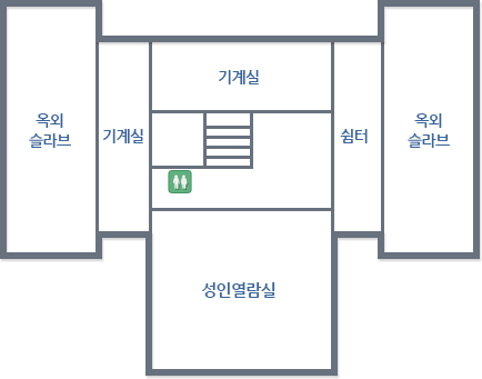 지상4층 - 계단에서 시계반대방향으로 기계실, 쉼터, 옥회슬라브, 성인열람실, 기계실, 옥회슬라브가 있으며,성인열람실  앞쪽으로  화장실이  위치